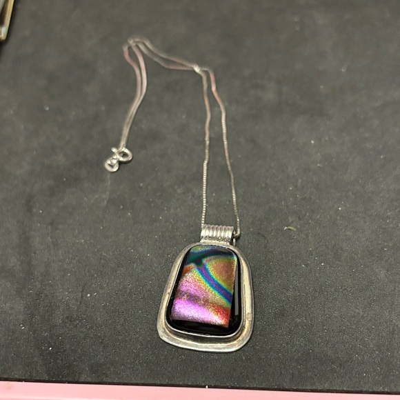 Jewelry - Vintage Sterling Silver Dichroic Iridescent Pendant with 925 Silver Chain